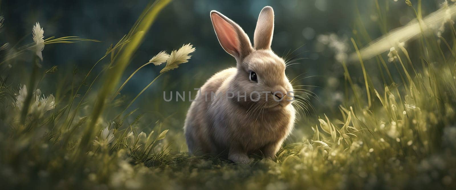 Happy Easter Bunny on a card on their with flowers at sunset. Cute hare