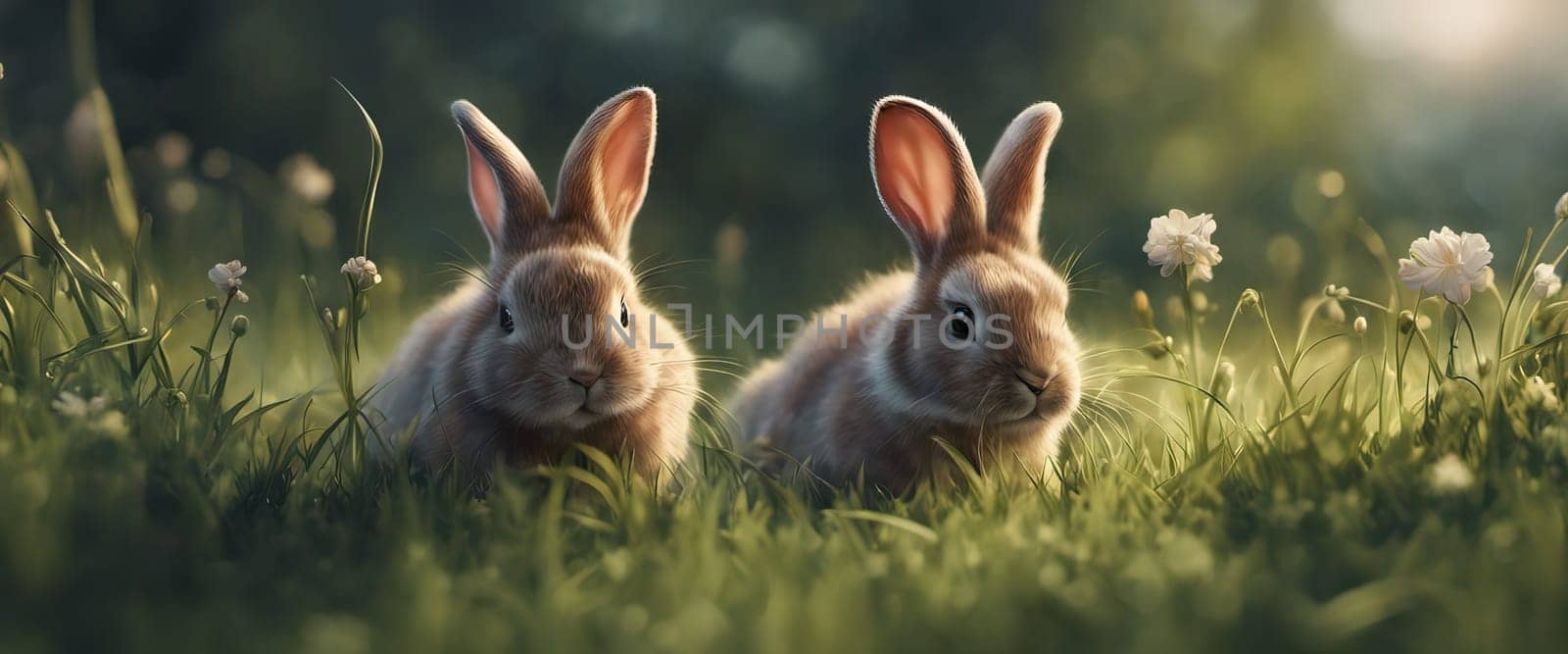 A small rabbit sitting in a field on green grass