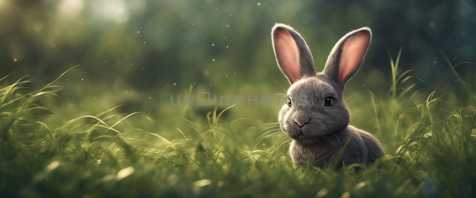 Cute little rabbit sitting in grass in the sunshine, banner for your design. by EkaterinaPereslavtseva