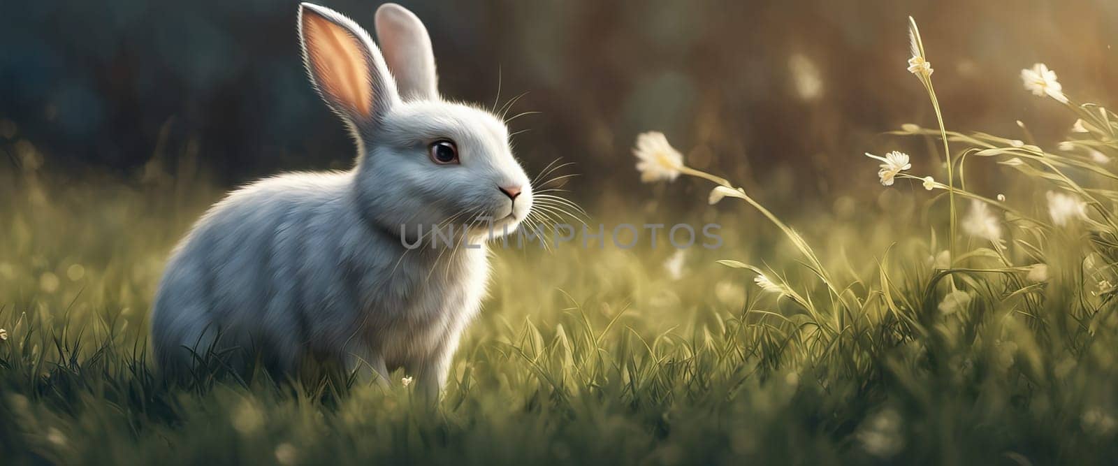 Cute little rabbit sitting in grass in the sunshine, banner for your design. by EkaterinaPereslavtseva