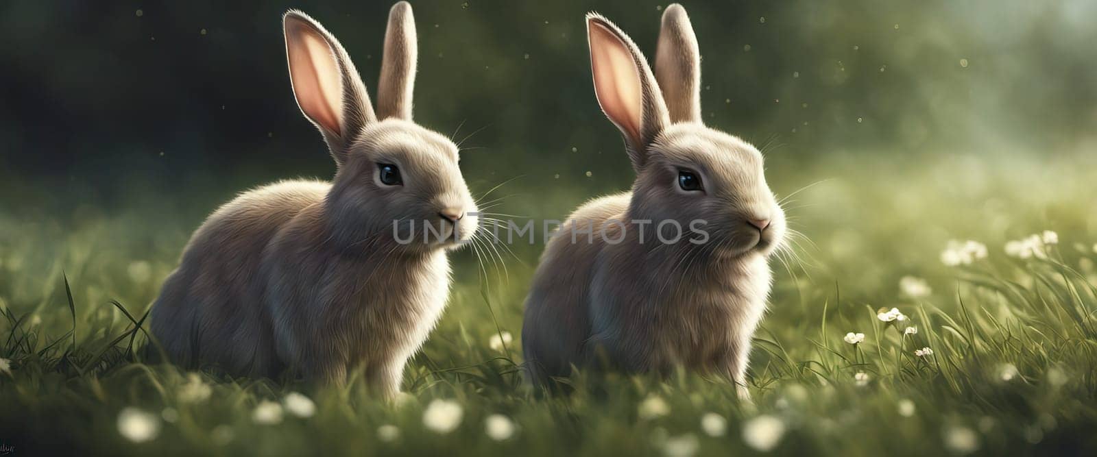 Cute little rabbit sitting in grass in the sunshine, banner for your design