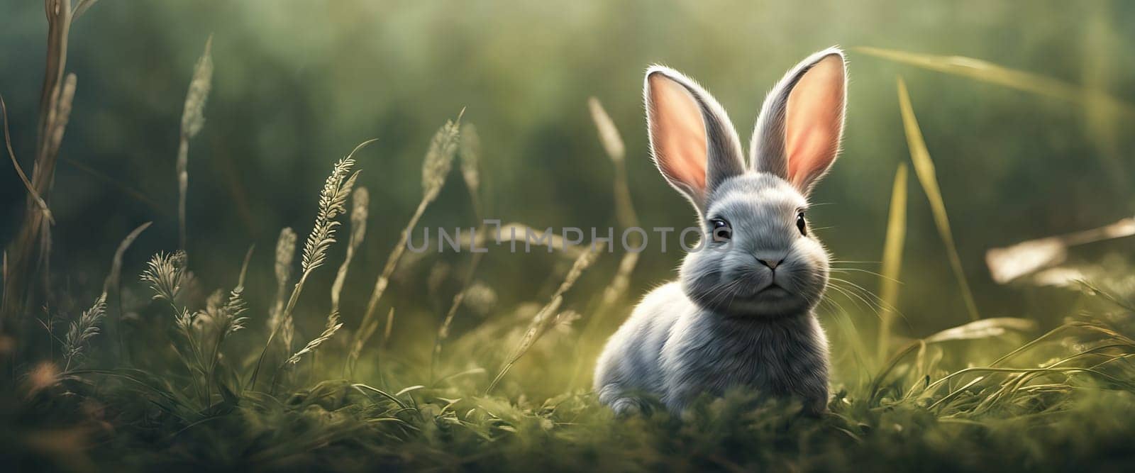 A small rabbit sitting in a field on green grass