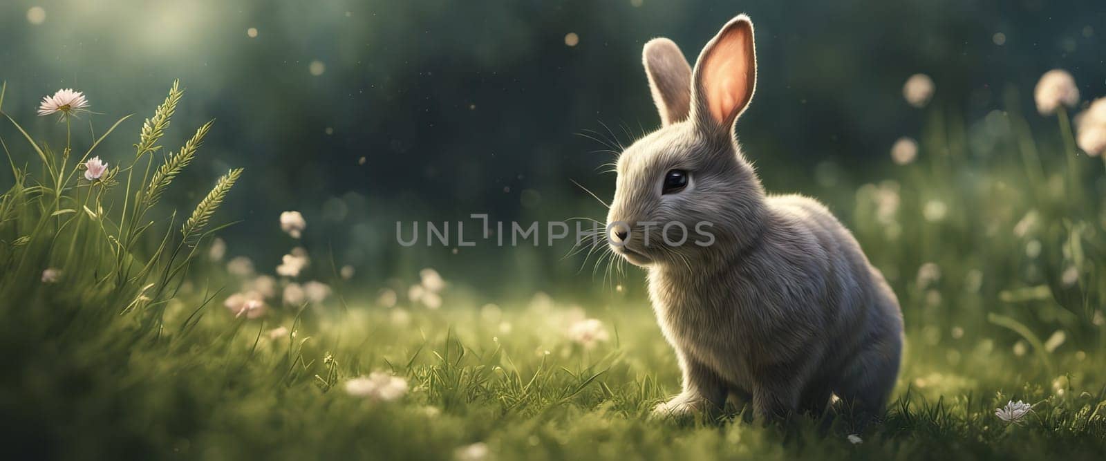 Rabbit. Cute little Easter bunny in meadow. Green grass under sunbeams. Rabbit by EkaterinaPereslavtseva