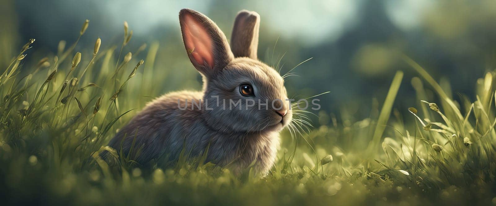 Happy Easter Bunny on a card on their with flowers at sunset. Cute hare