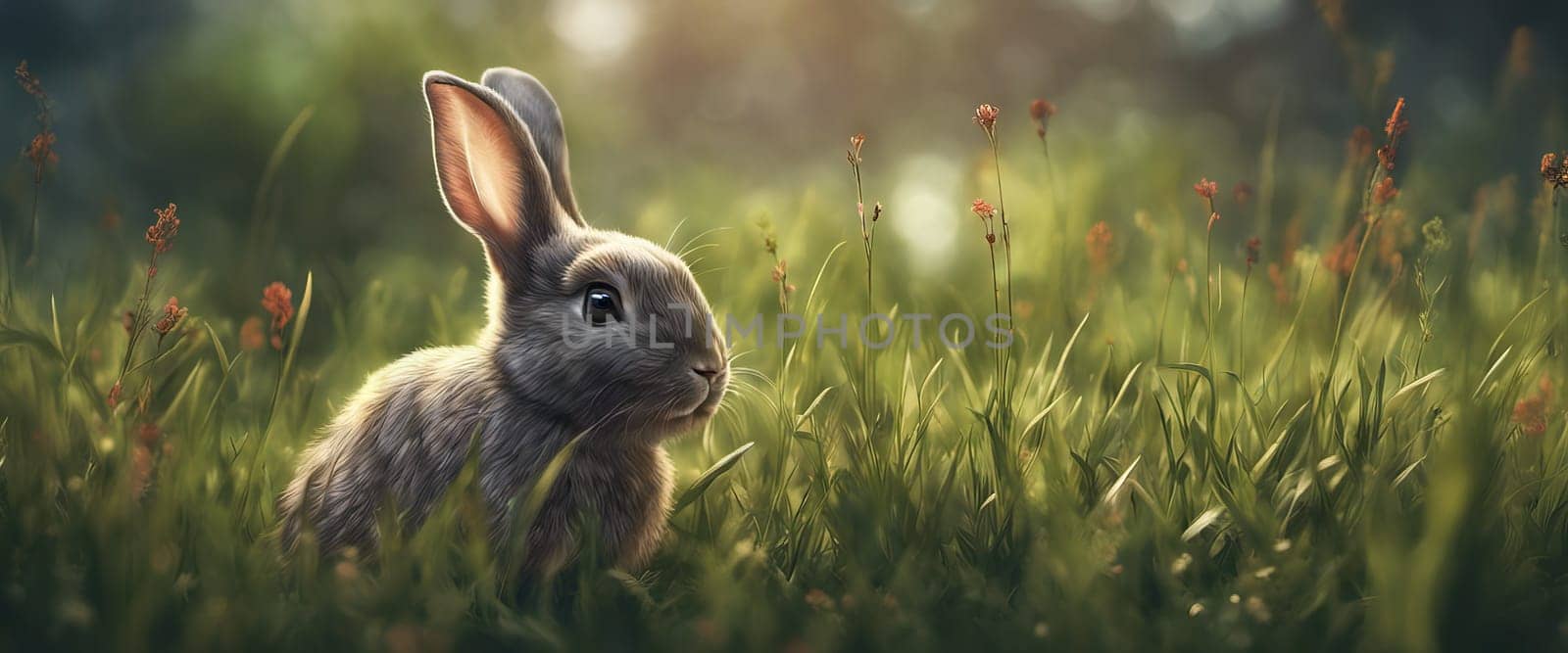 Cute little rabbit sitting in grass in the sunshine, banner for your design