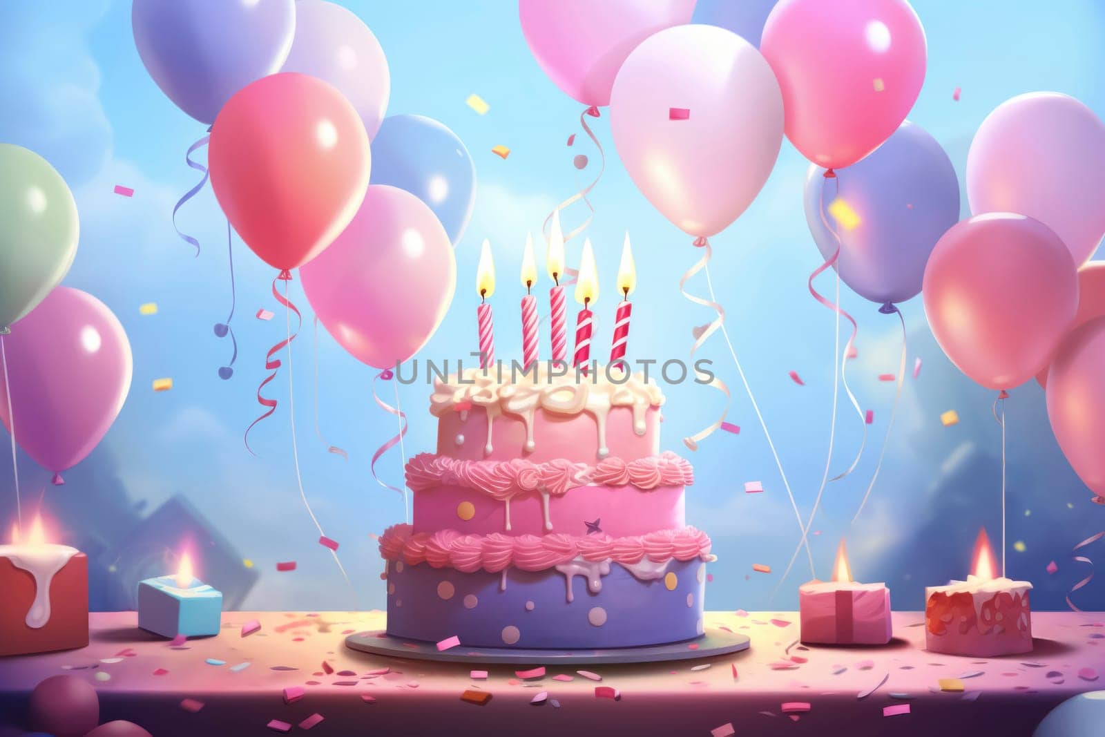 Birthday background with birthday cake with birthday candles and colorful balloon. Birthday card.