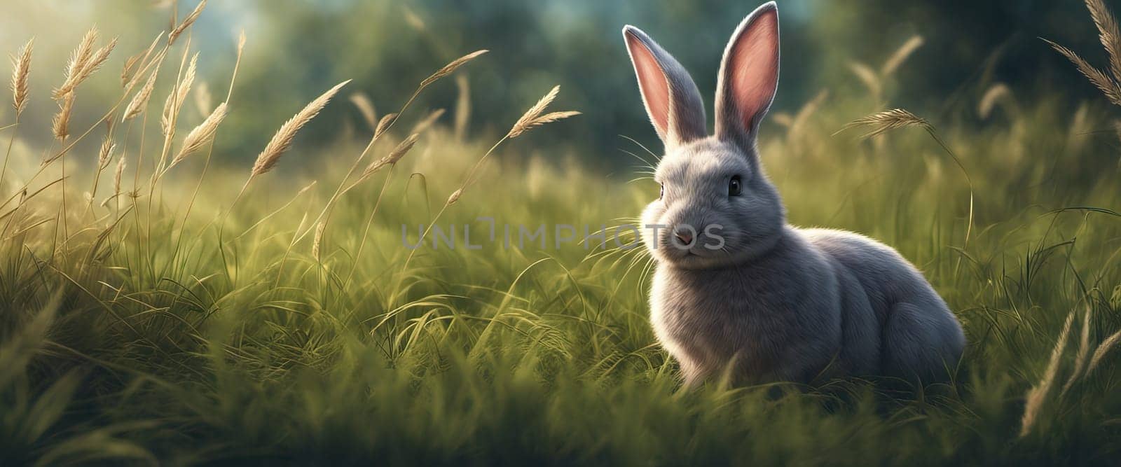 Banner fluffy bunny in a green garden on a sunny day Easter animals background. by EkaterinaPereslavtseva
