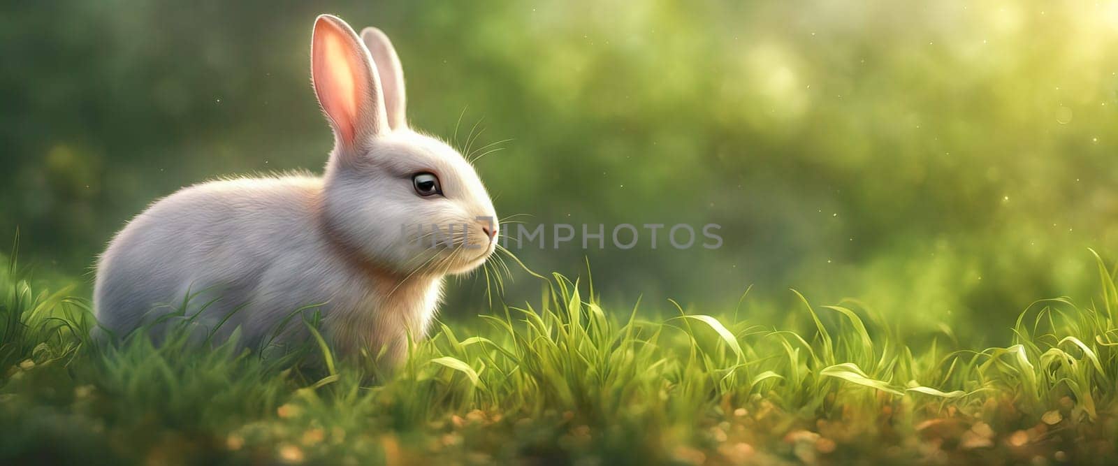 Little rabbit sits on the lawn. Dwarf rabbit at sunset sun. Summer warm day by EkaterinaPereslavtseva