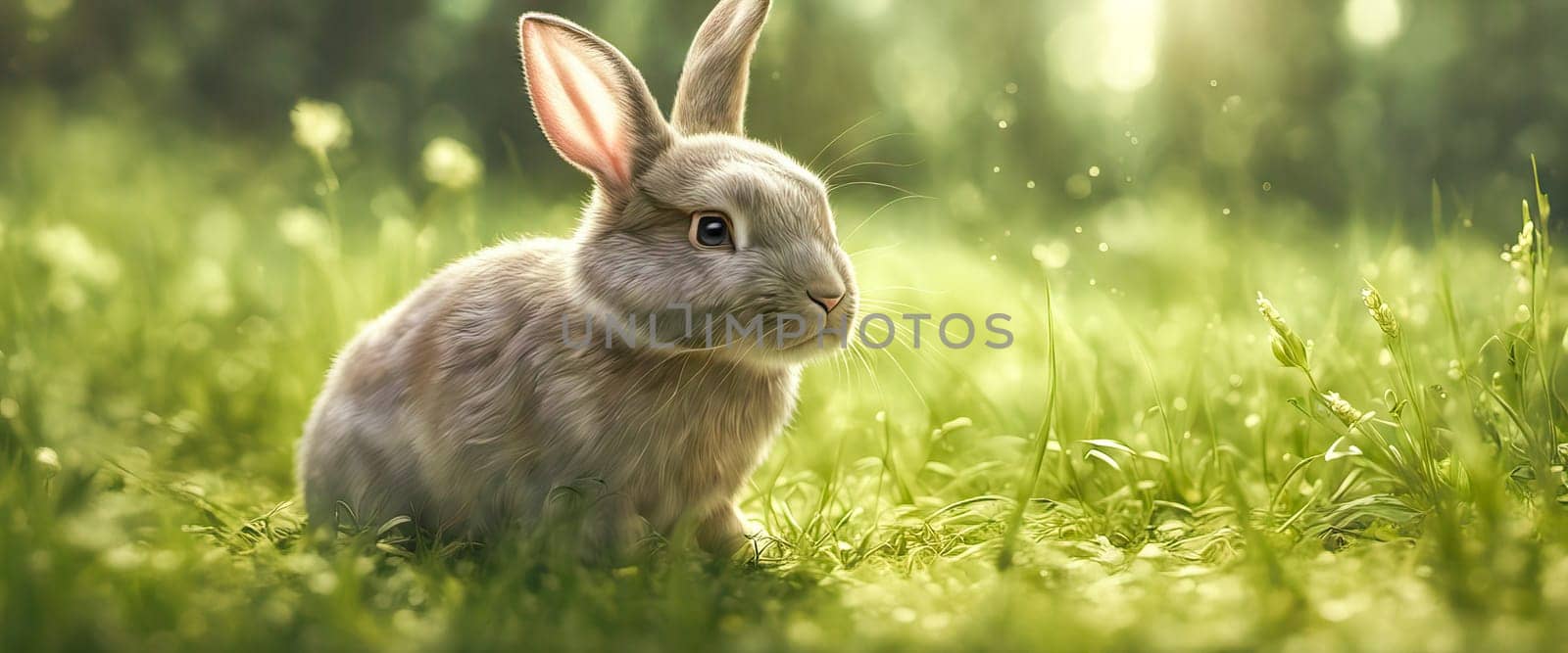 Little rabbit sits on the lawn. Dwarf rabbit at sunset sun. Summer warm day by EkaterinaPereslavtseva