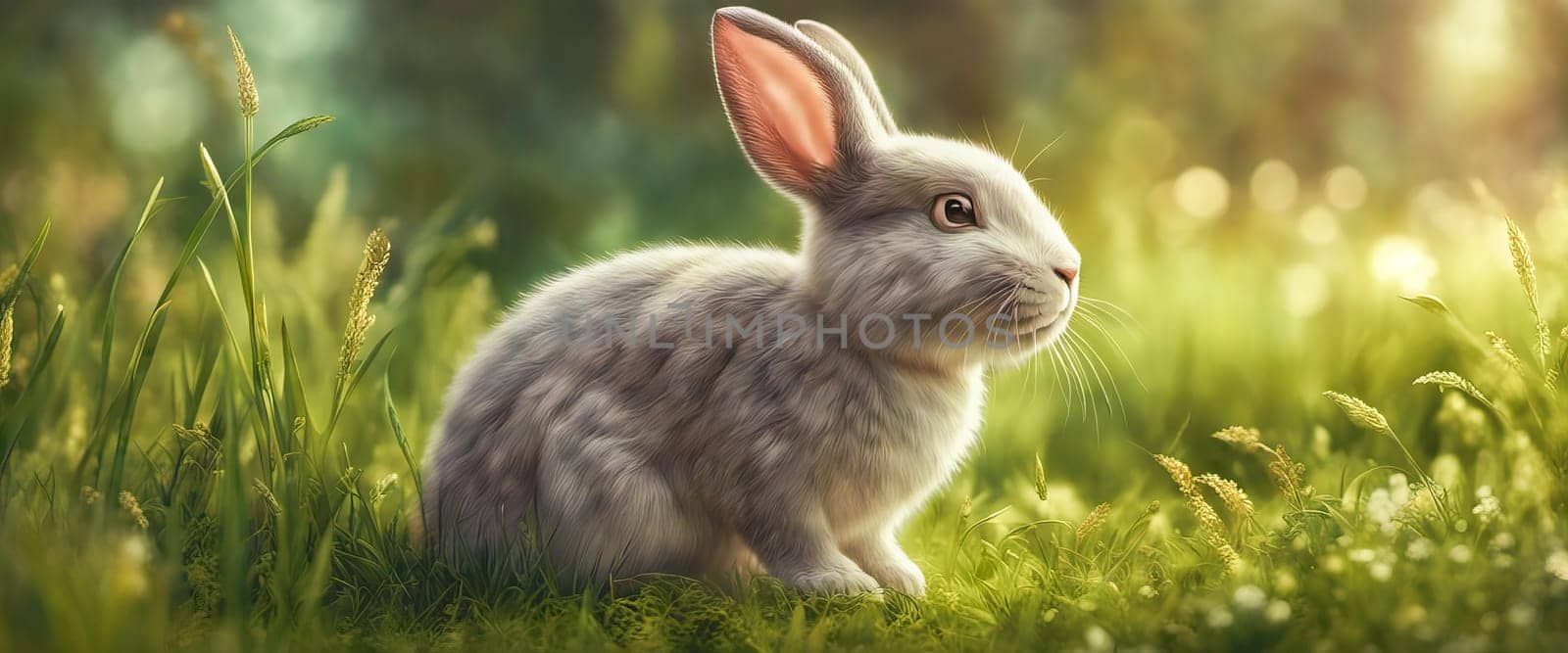 Little rabbit sits on the lawn. Dwarf rabbit at sunset sun. Summer warm day by EkaterinaPereslavtseva