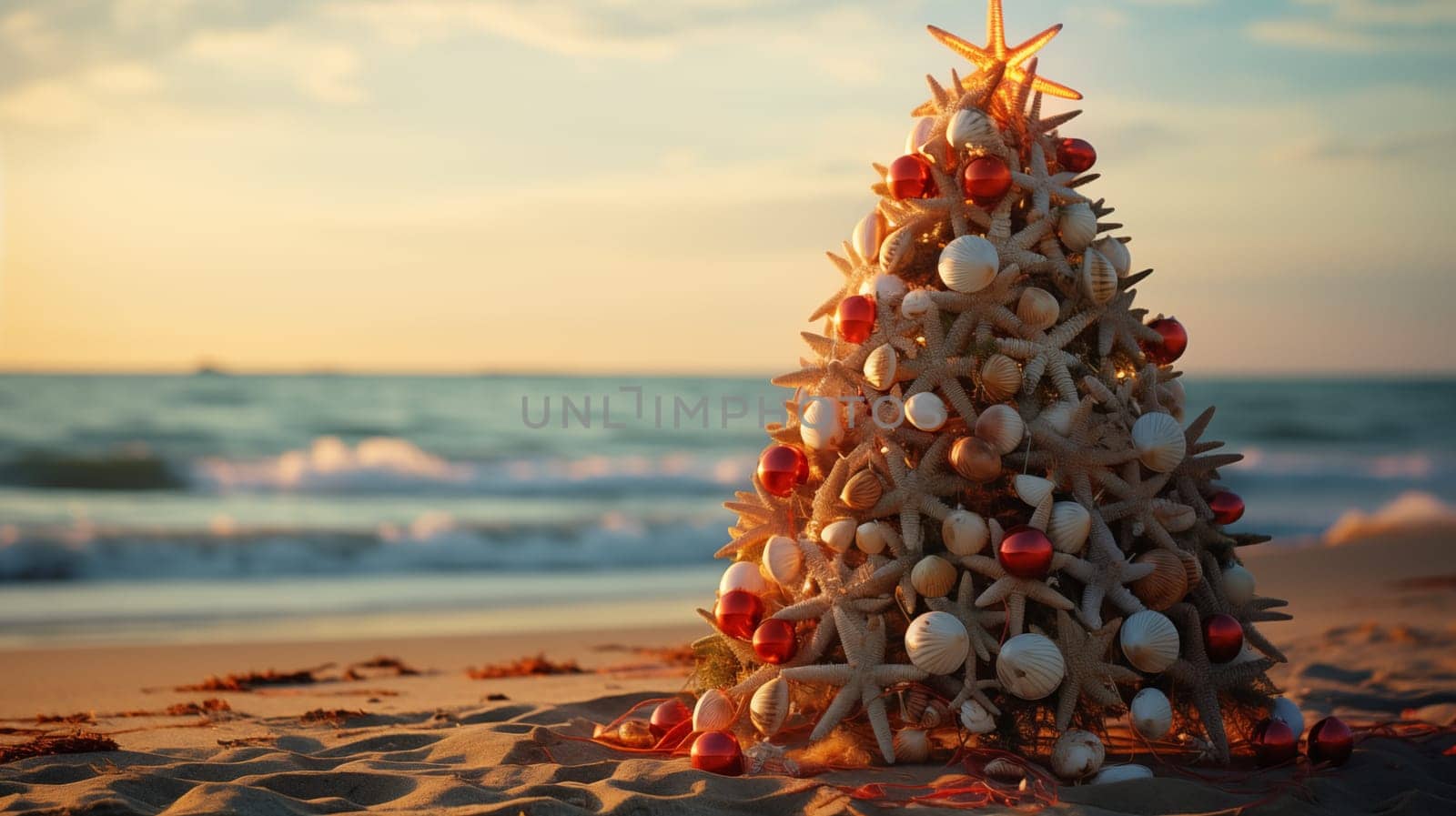 Beautiful Christmas tree made of seashells standing on the coast at sunset.