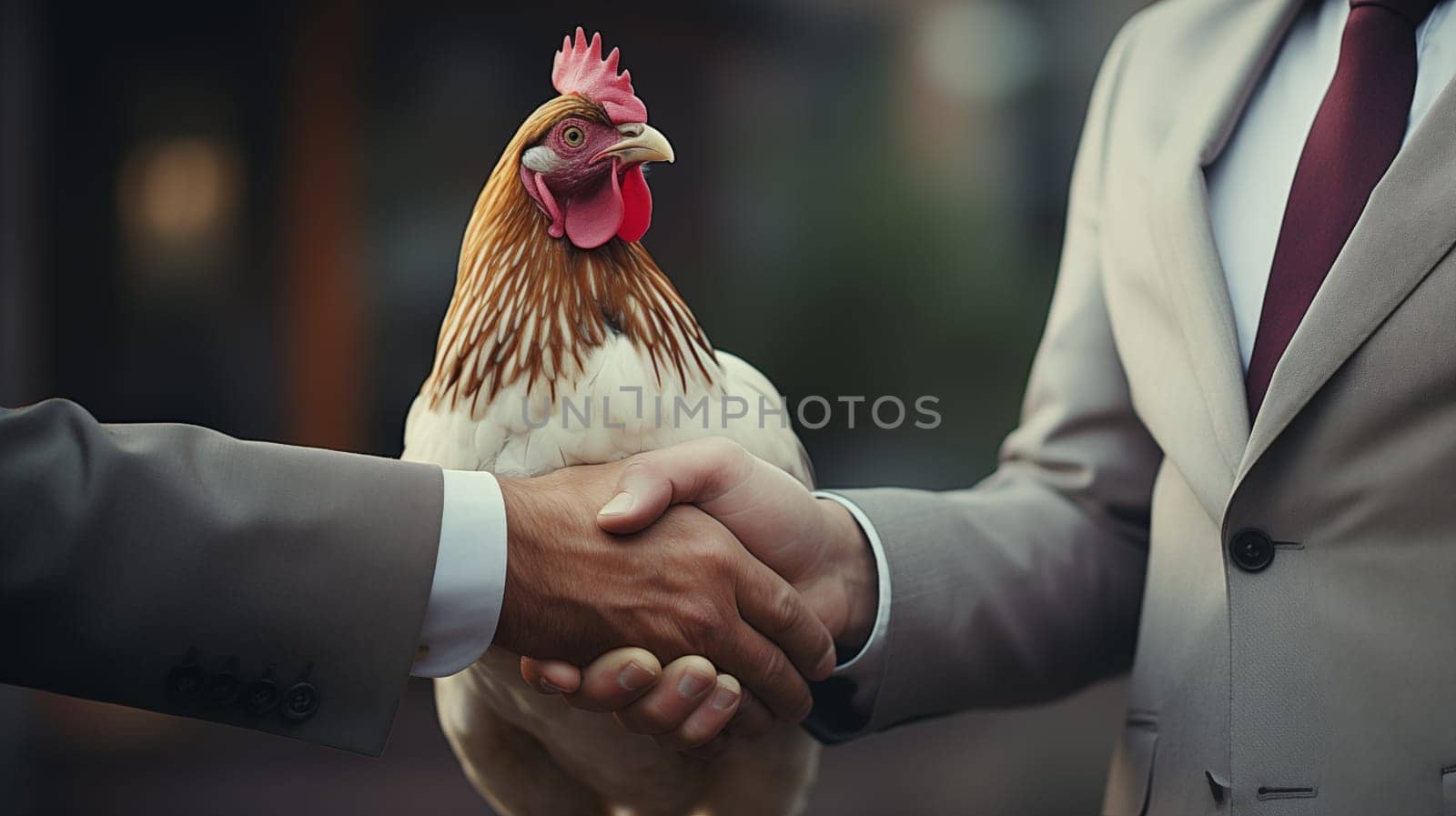 Close up of handshake of two men in business suits on the background of brown rooster.