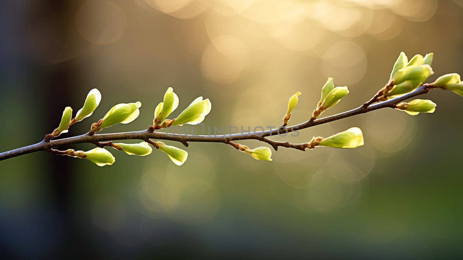 A tree branch in early spring with swollen buds, in the soft rays of the morning sun, AI generated.