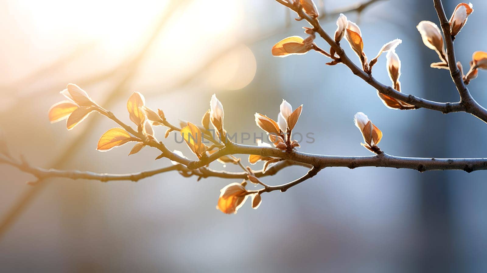 A tree branch in early spring with swollen buds, in the soft rays of the morning sun, AI generated.