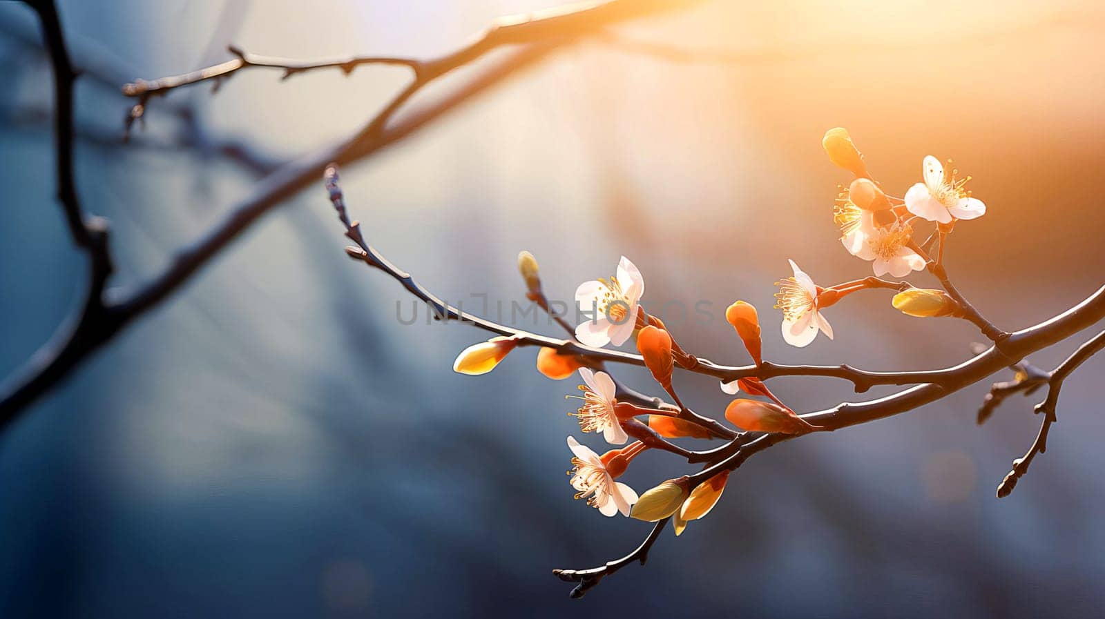 A tree branch in early spring with swollen buds, in the soft rays of the morning sun, AI generated.