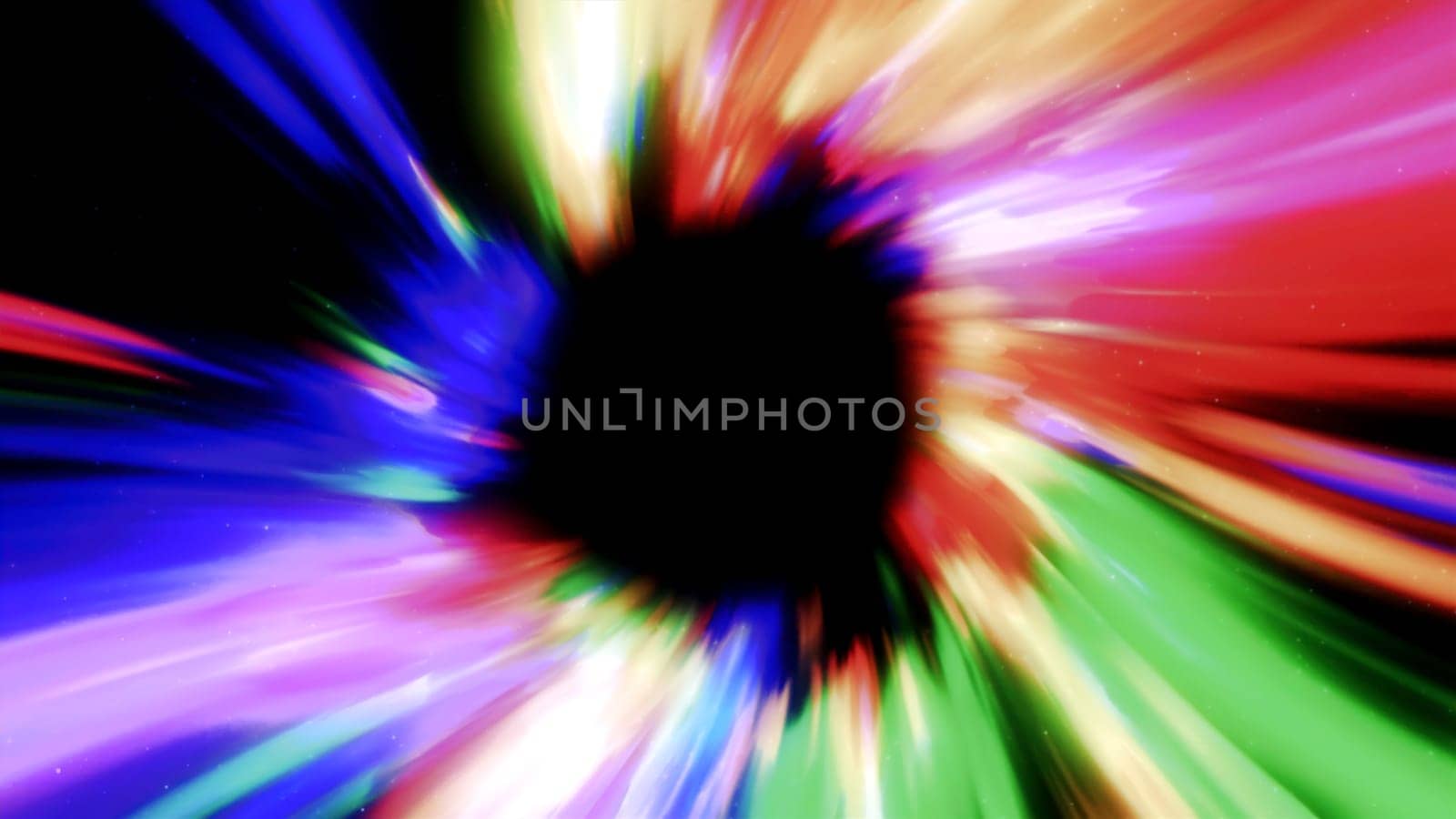 Abstract colorful hyperspace tunnel through space time vortex. Motion. Sci Fi interstellar space travel through wormhole
