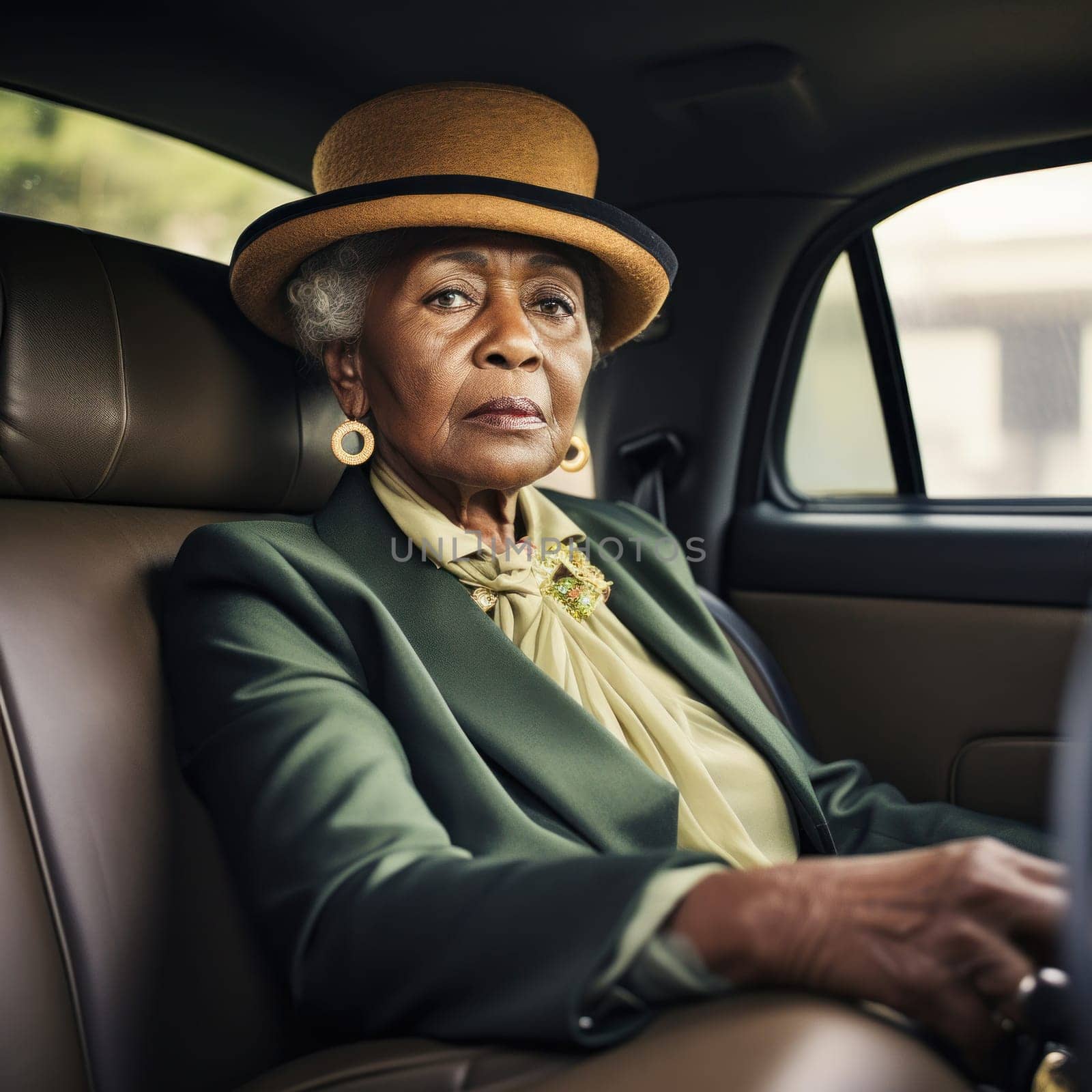 A sophisticated African American woman sitting in a car dealership admires the elegant interior of a luxury car filled with elegance and modern design that represents aspiration and success.