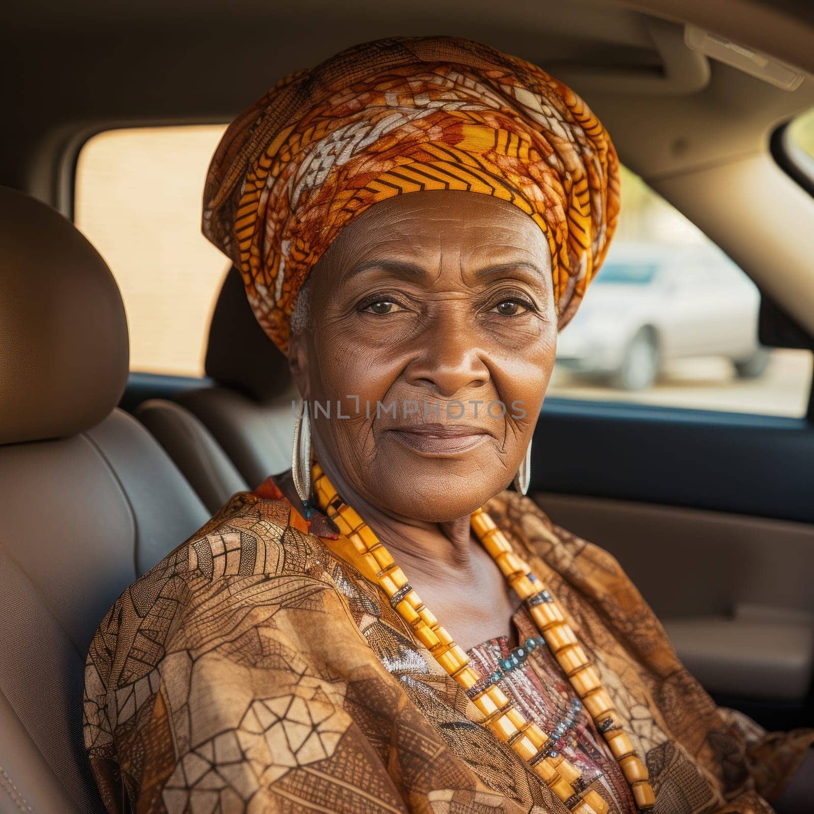 A strong and confident adult African American woman with a headscarf experiencing the luxury of a car interior, epitomizing modern lifestyle and elegance in an urban setting.