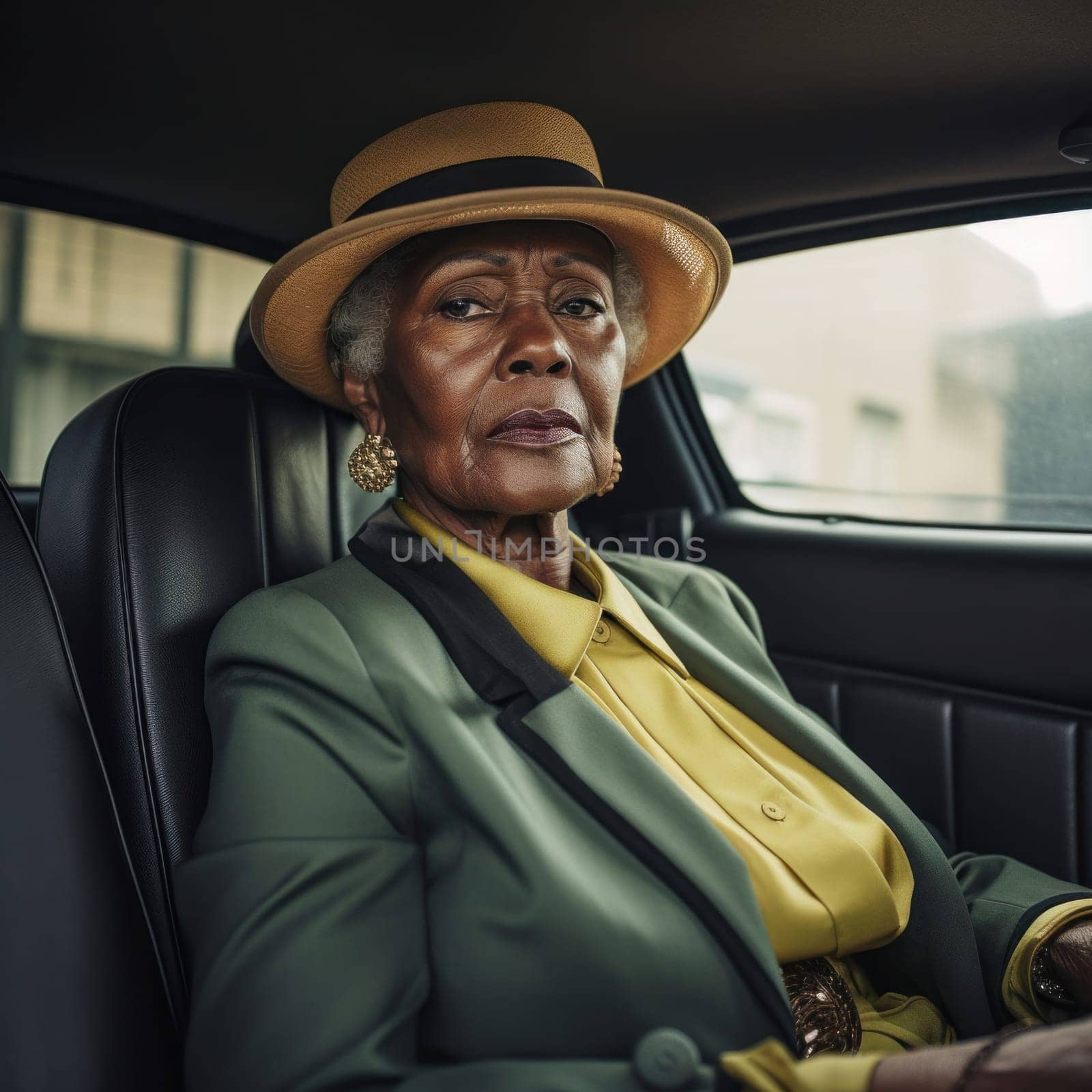 Respectable african american woman in hat sitting in car.