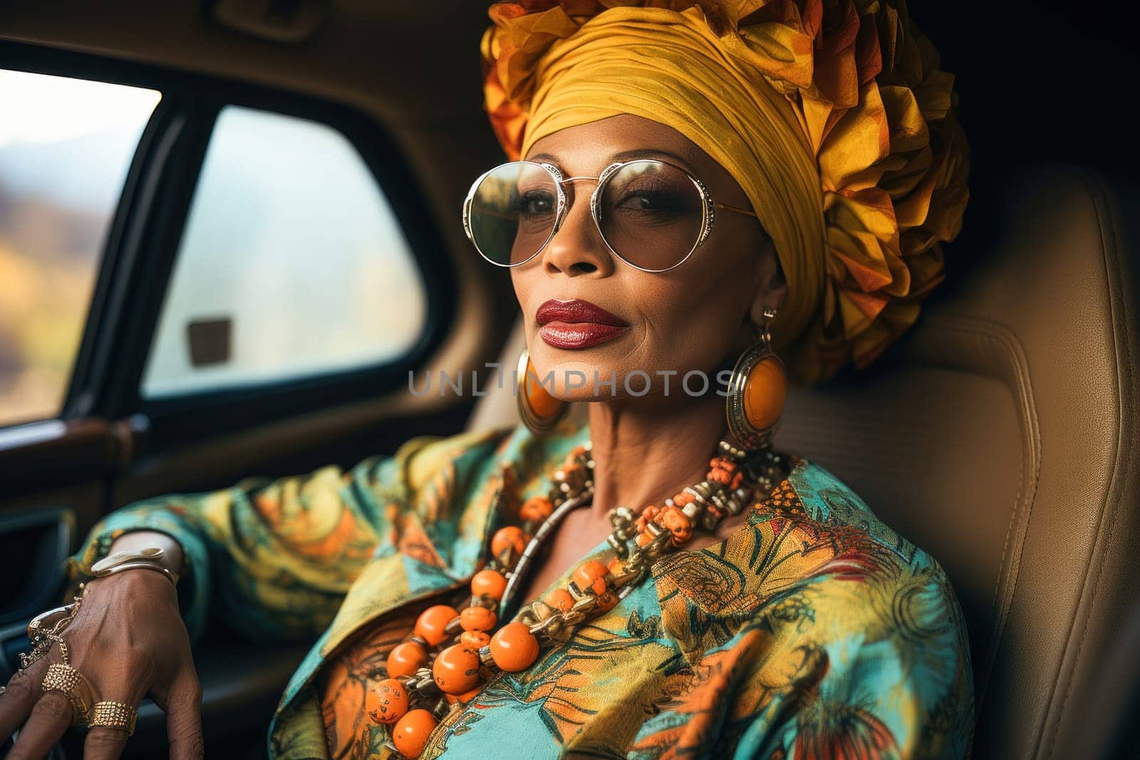 African American woman in national turban sitting in luxury car by Yurich32