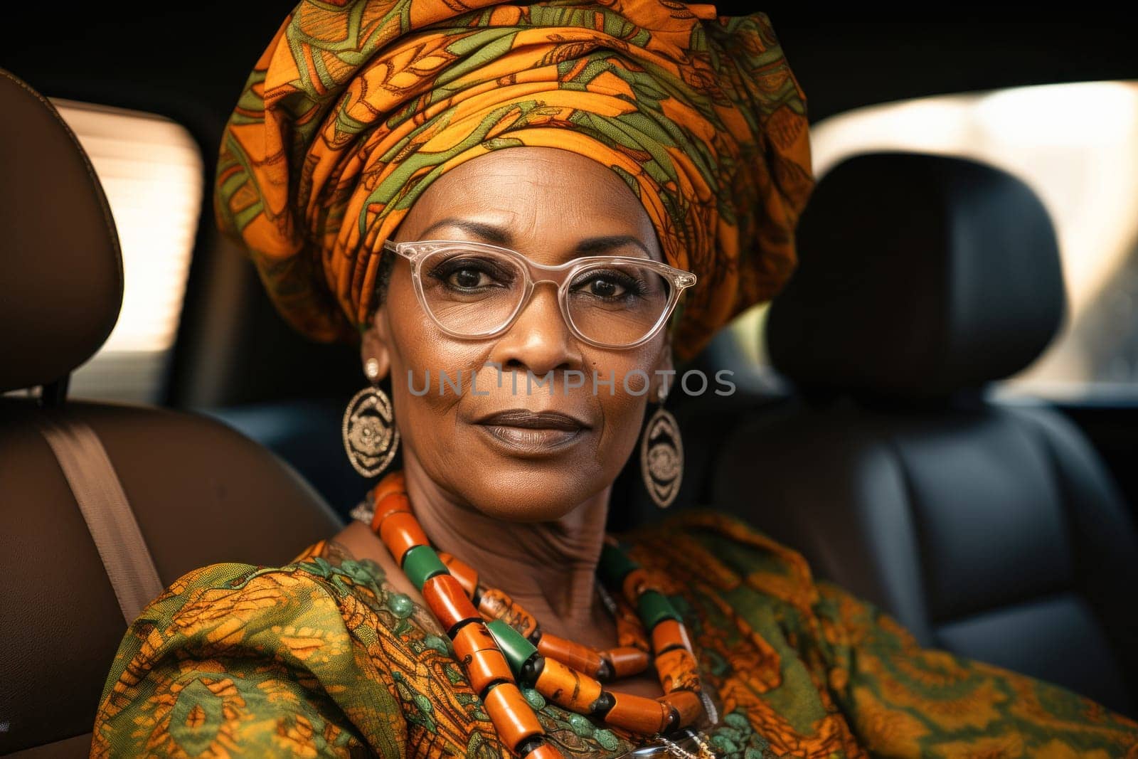 African American woman in national turban sitting in luxury car.