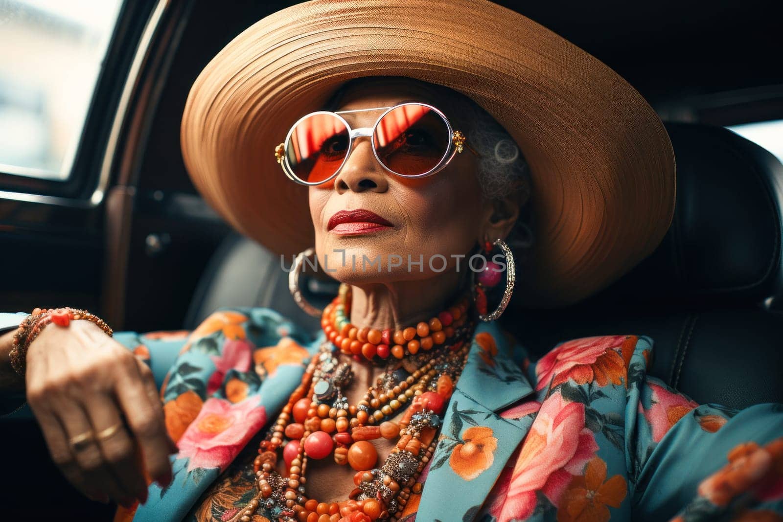 African American woman in hat sitting in luxury car.