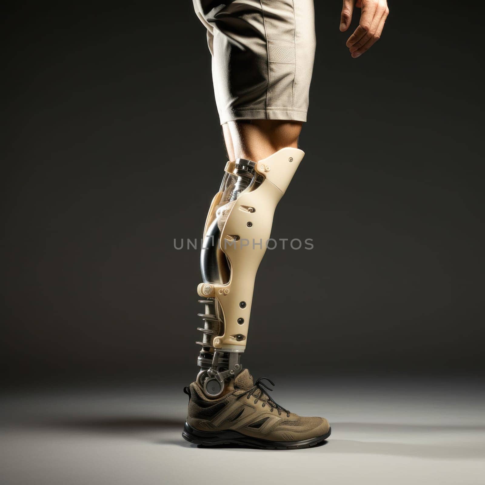 A unique image of a man with prosthetic legs, symbolizing the restoration of mobility and ergonomic support with modern medical technology.