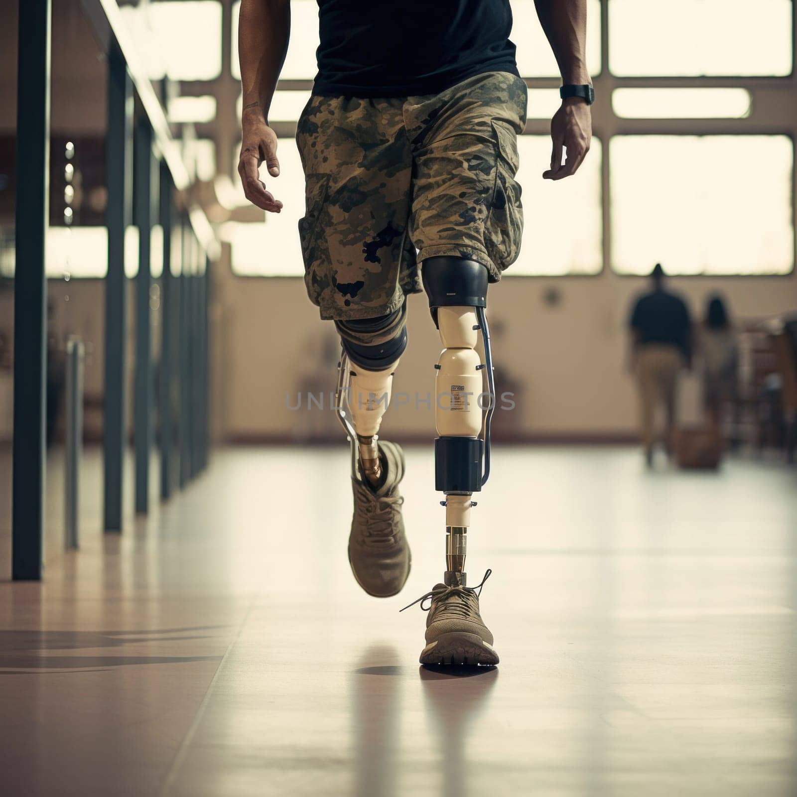 An emotional depiction of a man with prosthetic legs, highlighting the importance of modern medical developments to overcome trauma and return to active life.