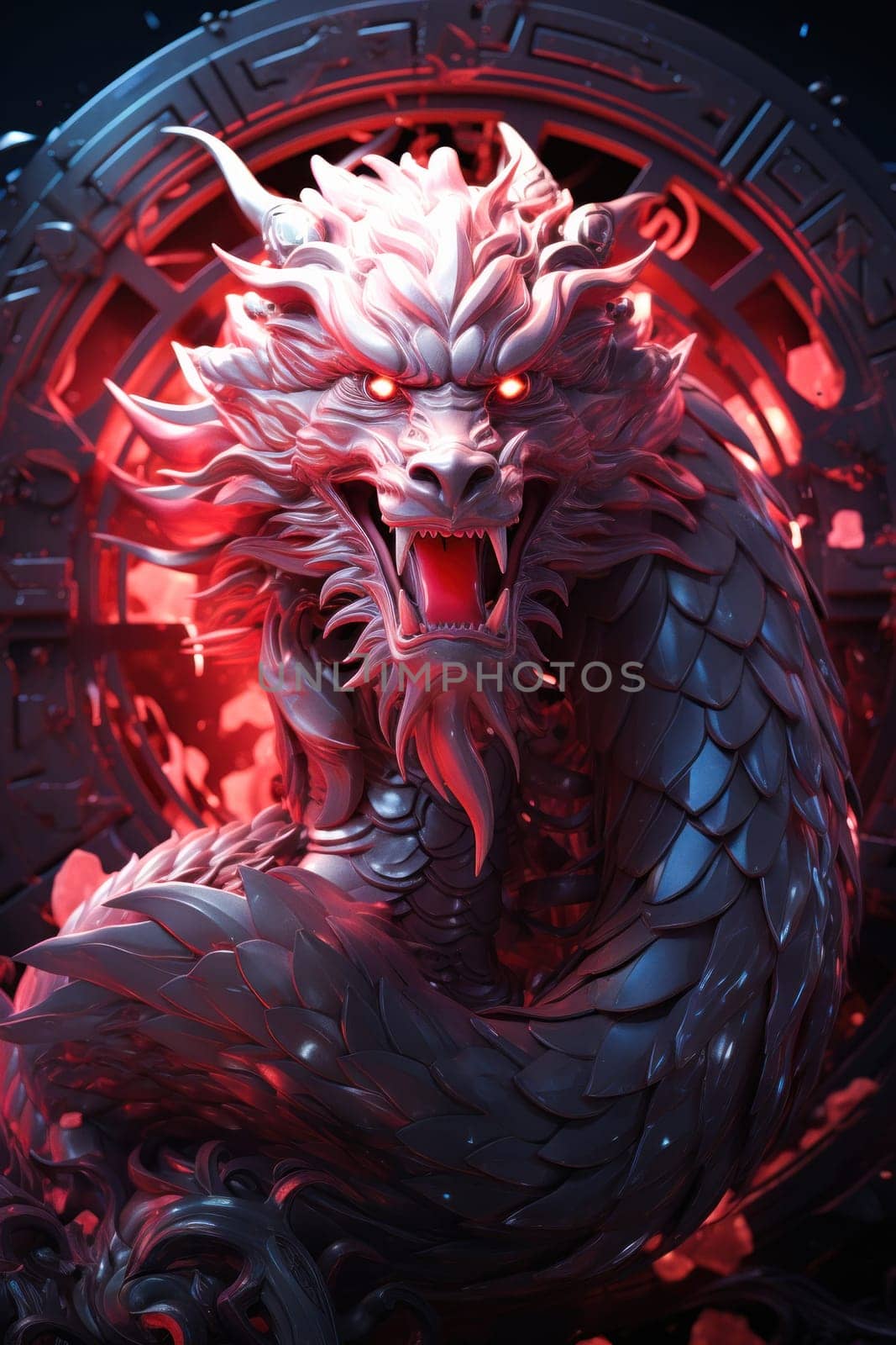 A photograph of a dragon portrait that attracts attention with bright red and blue tones, evoking a sense of delight and mystery