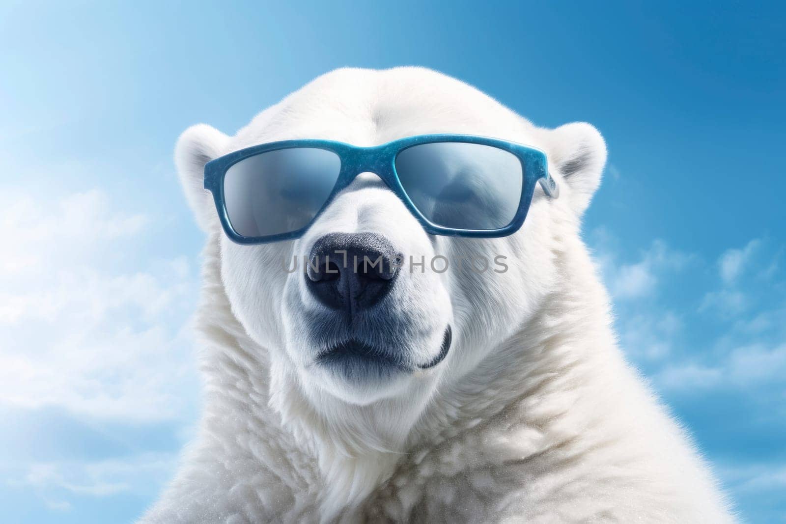 A stylish polar bear donned in sunglasses captures the essence of Arctic coolness against the vast blue sky