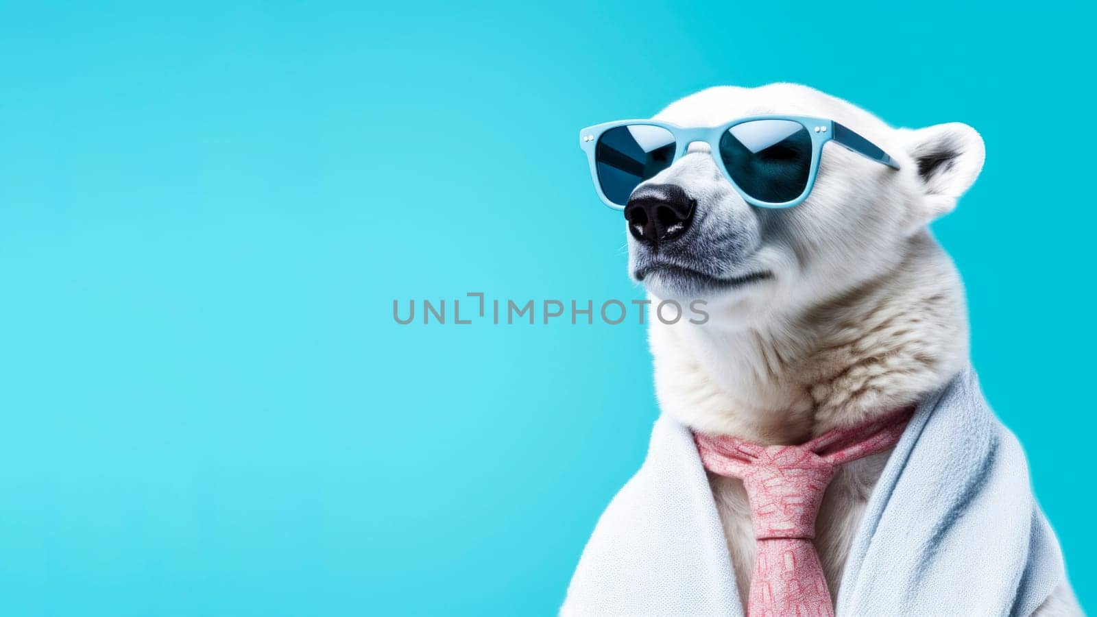 Advertising poster or banner with white polar bear in sunglasses against a stylish blue backdrop, radiating winter charm
