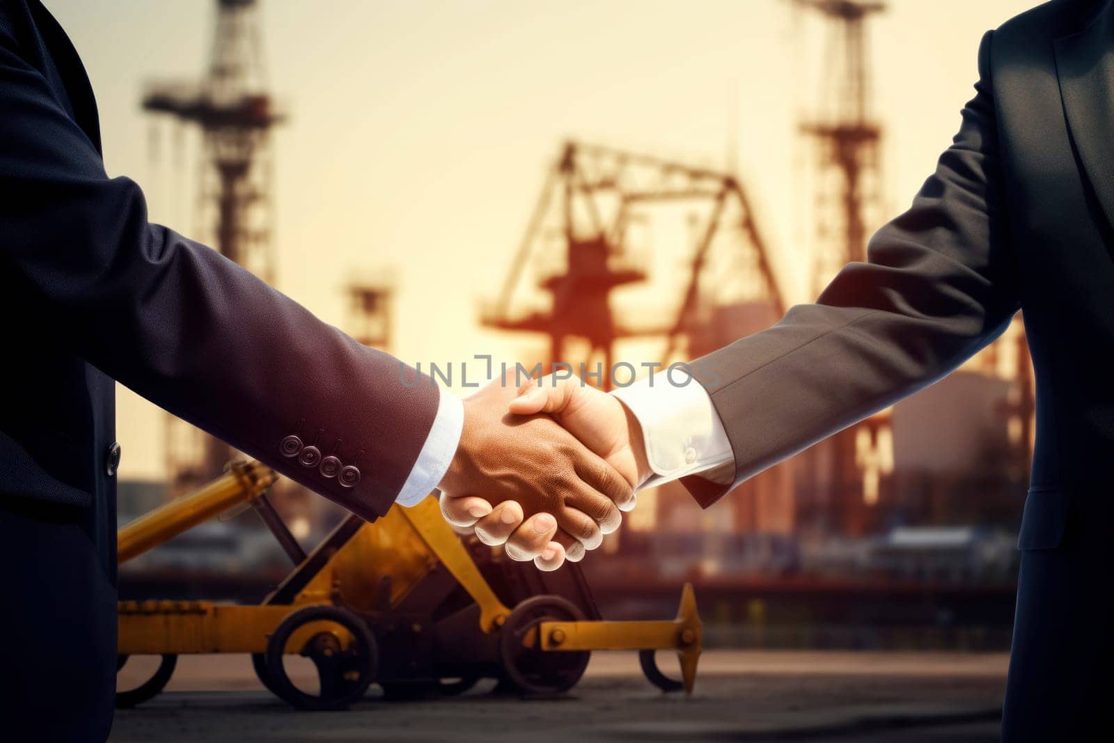 Businessmen shaking hands on background with oil derricks. Business deal concept.