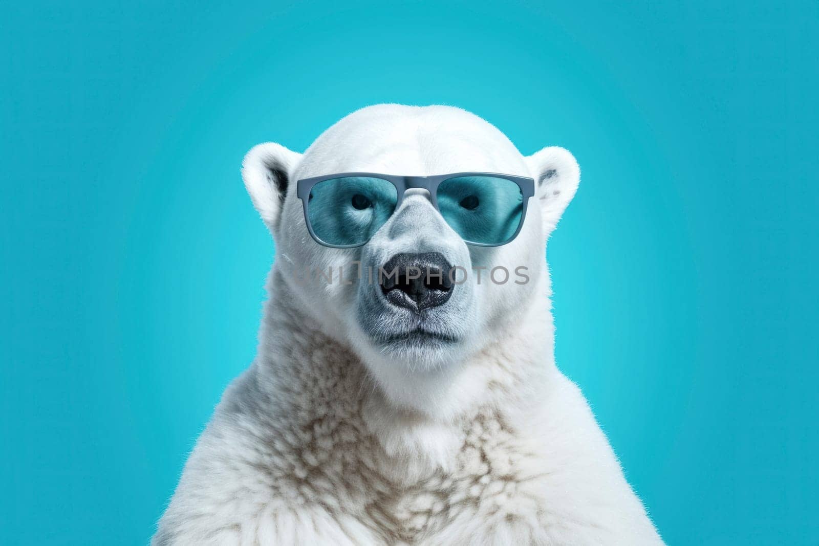 Advertising poster or banner with white polar bear in sunglasses against a stylish blue backdrop, radiating winter charm
