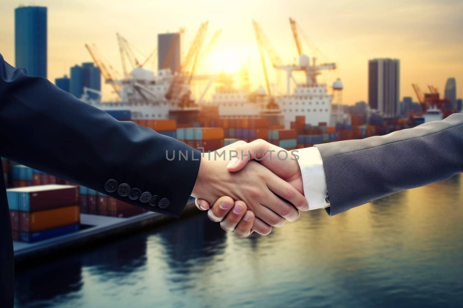 Businessmen shaking hands on background with cargo sea port. Business deal concept.