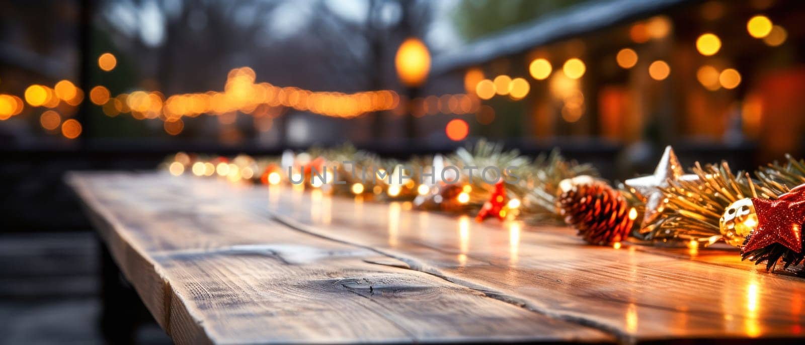 Sparkling holiday lights, reflected on the wooden surface of the table, create a unique atmosphere of magic and comfort, filling the space with warmth and joy.