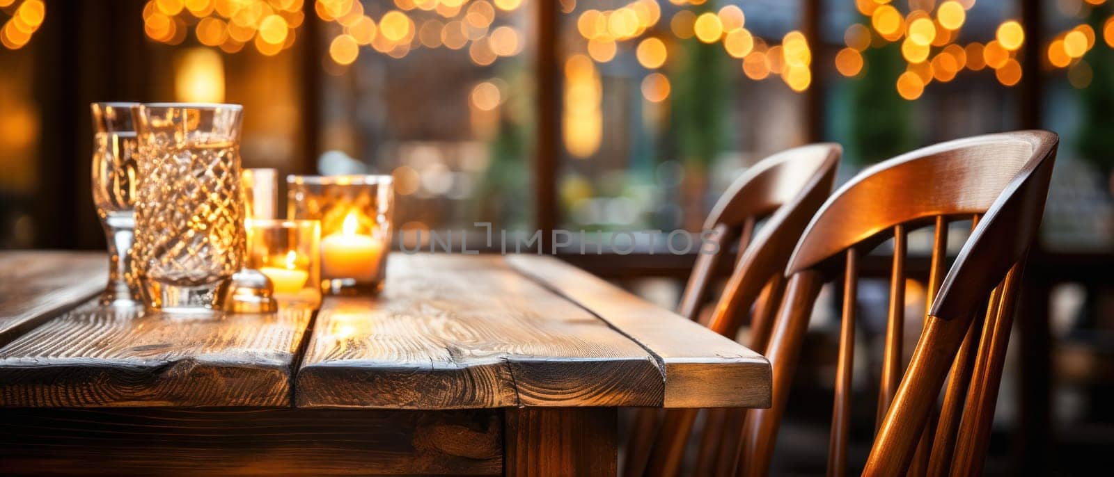 Wooden table on garland background with festive lights.