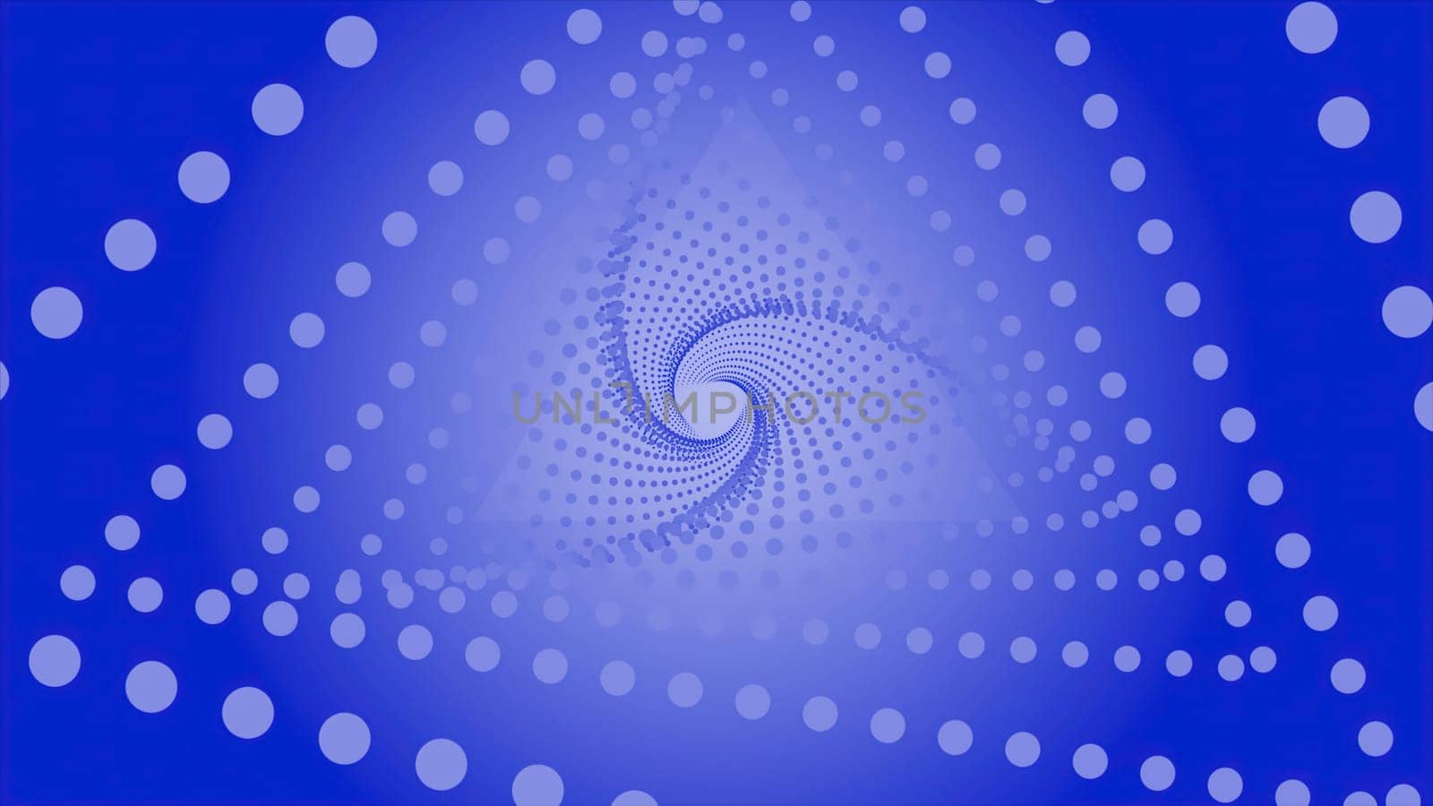 Triangular spiral tunnel of dots. Motion. Simple tunnel made of triangular spiral. Points in spiral tunnel with triangles. Visual hypnotic effect.