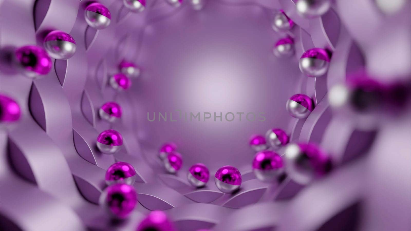 Abstract beautiful tunnel with many rolling spheres. Design. Corridor with small moving spheres