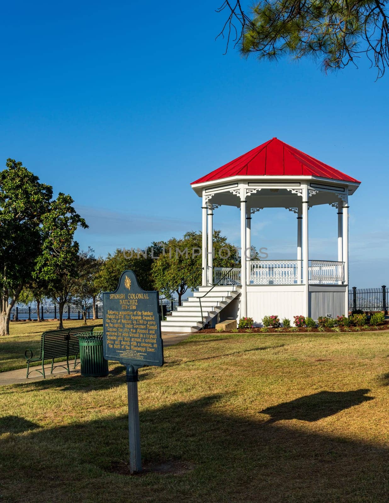 Grounds of park with bandstand in cityscape of Natchez in Mississippi