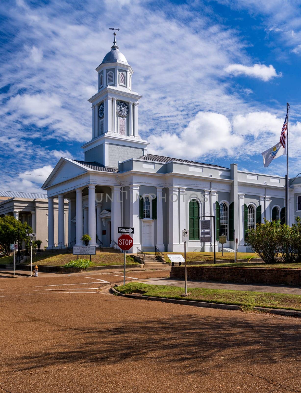 Front of historic First Presbyterian church in Natchez Mississippi