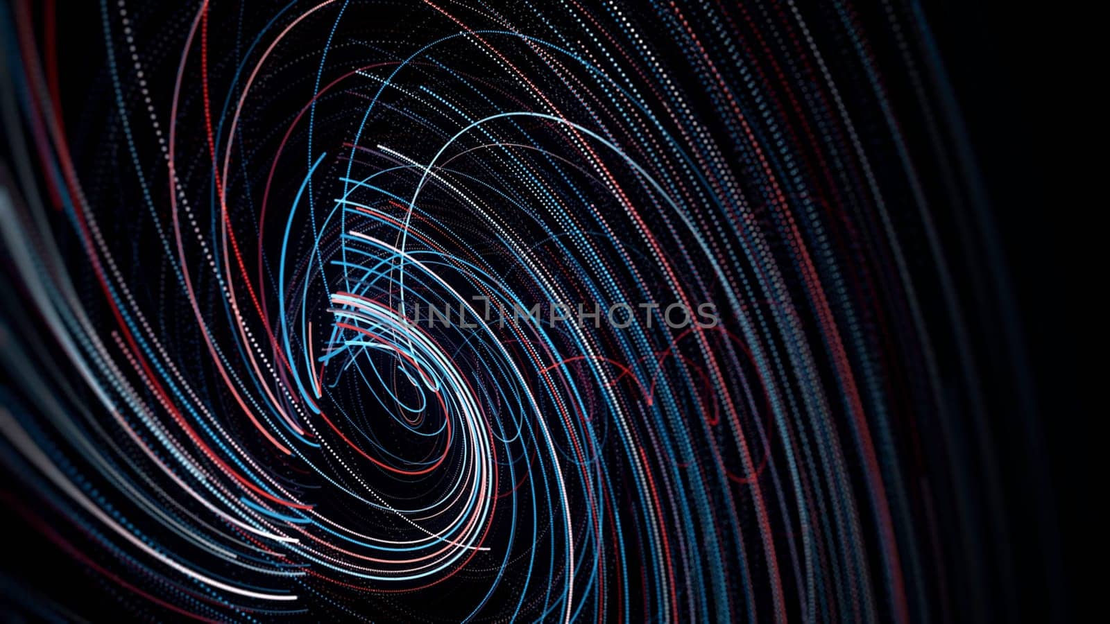 Neon lines swirling in swirl on black background. Animation. Effect of neon spiral vortex. Neon lines move in spiral creating techno vortex.
