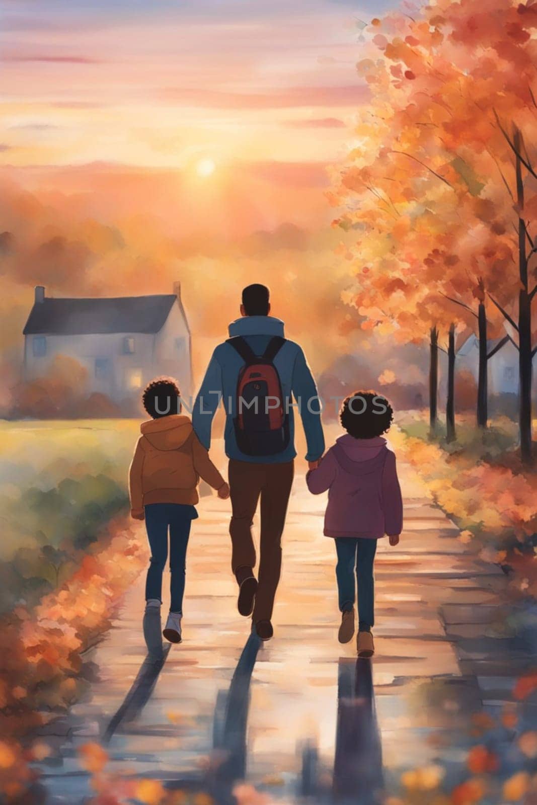 Modern contemporary multicultural enjoy walk outdoor in middle season, at sunset illustration generative ai art