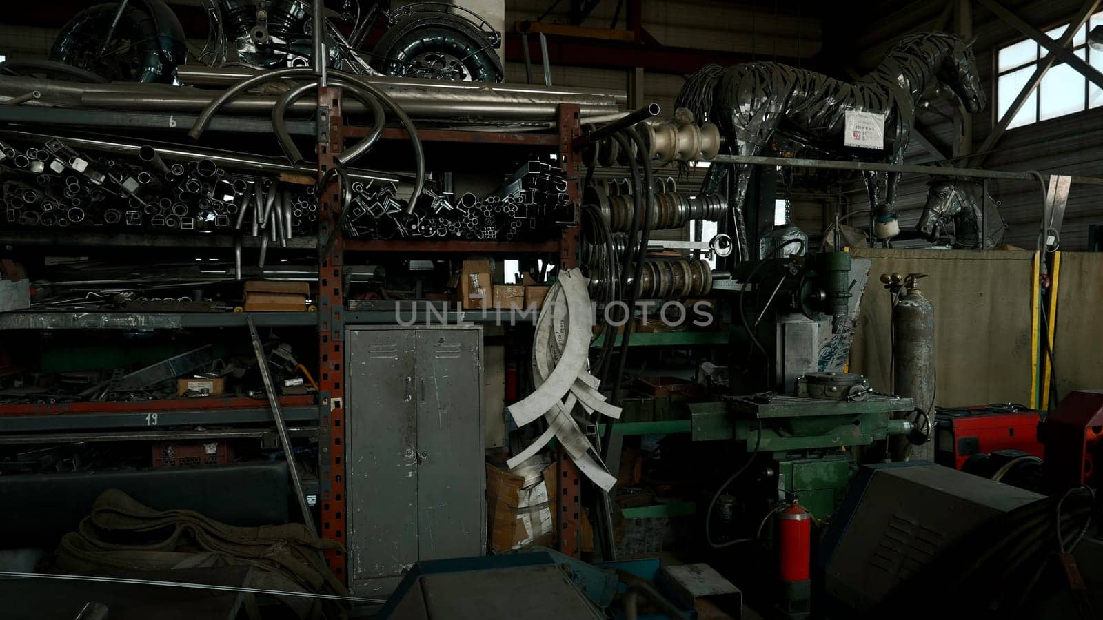 Metal production workshop interior. Creative. Industrial background, view inside of a factory