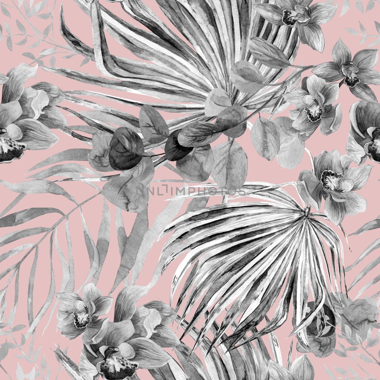 Seamless botanical monochrome black and white pattern with watercolor flowers and palm leaves. Drawing for textiles by MarinaVoyush