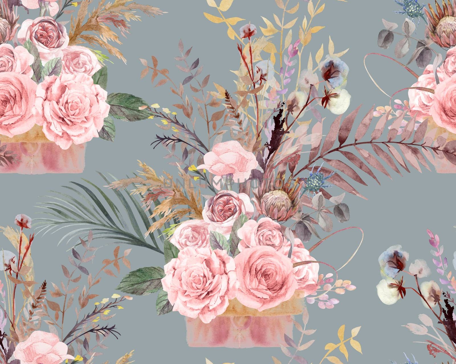 Seamless botanical pattern with watercolor flowers of roses and palm leaves