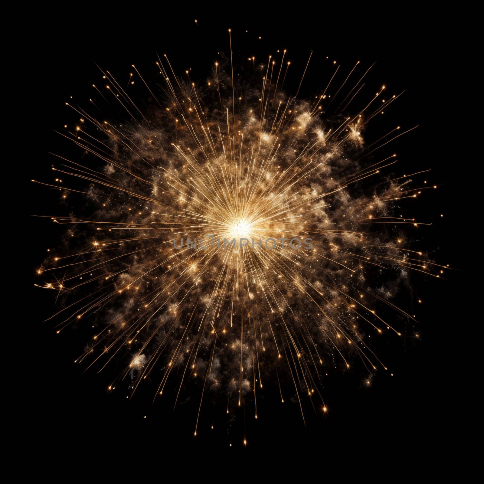 One golden fireworks on black background isolated.