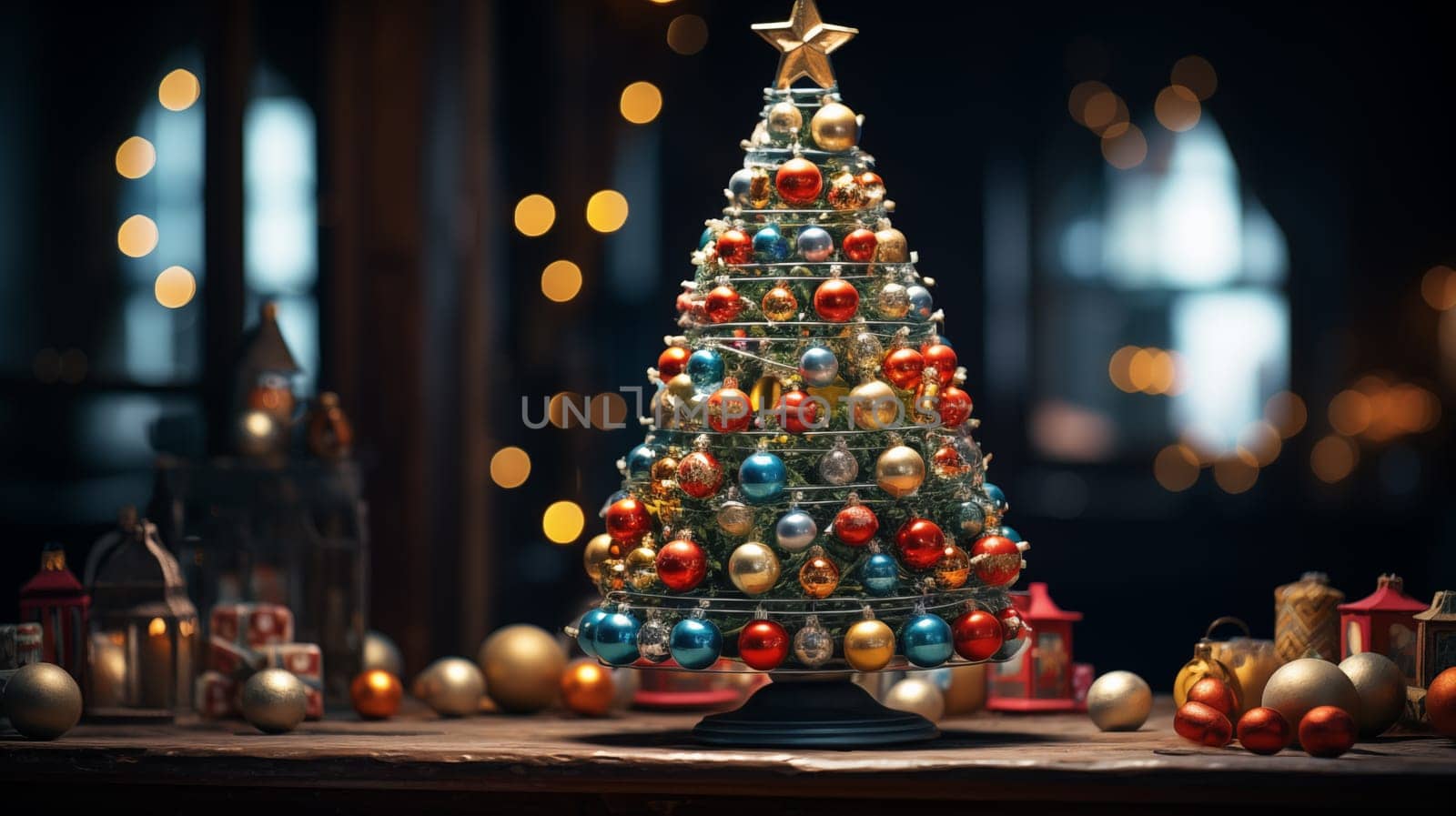 A beautiful little Christmas tree stands on wooden table in dark room