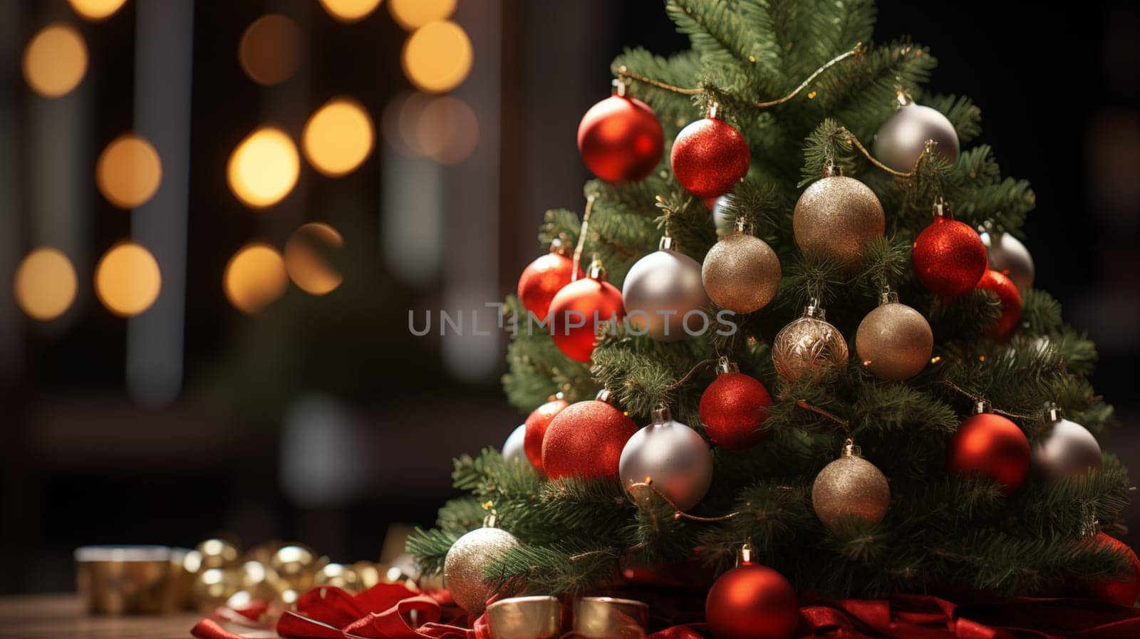 In the evening, there is a beautiful little Christmas tree with red and gold balls on the table.