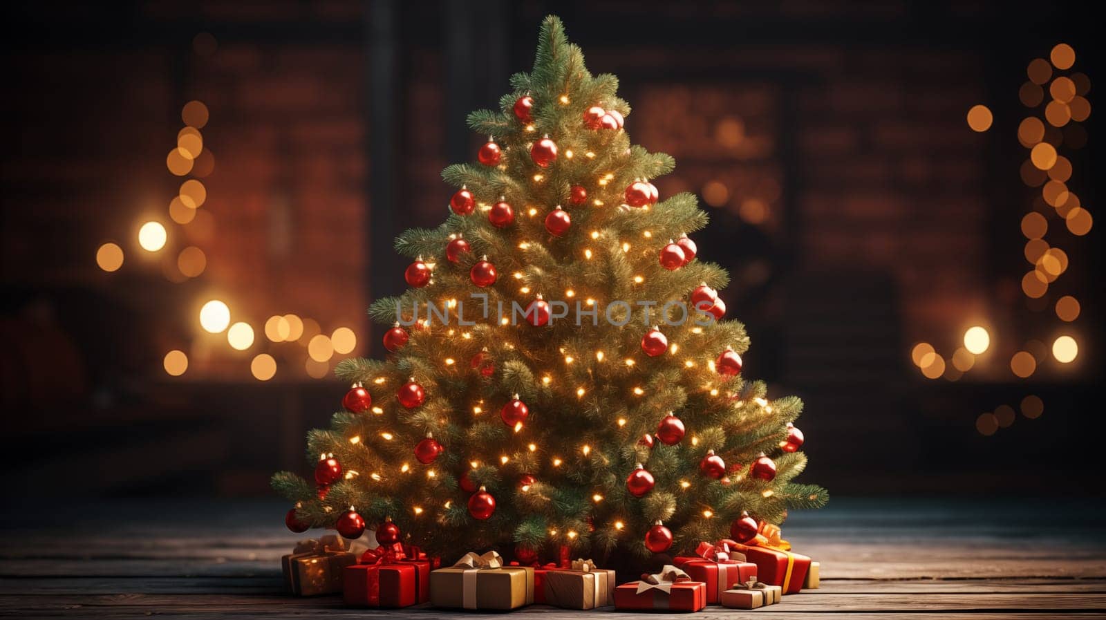 A beautiful Christmas tree stands in a large living room on old wooden floor.