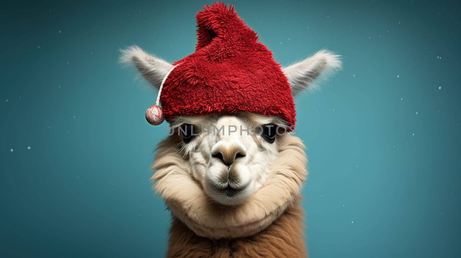 Alpaca in a Christmas hat on a blue background, pet portrait, copy space, cheerful domestic farm animals celebrating the new year, high quality photo